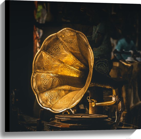 Canvas - Gouden Glimmende Grammofoon - 60x60 cm Foto op Canvas Schilderij (Wanddecoratie op Canvas)