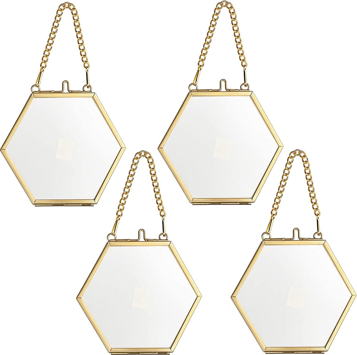 4 stuks mini-zeshoekige fotolijsten van metaal en glas, hangende glazen fotolijsten, geometrisch ornament plantenproefclip, voor geperste bloemen, foto's (goud, 5 cm)