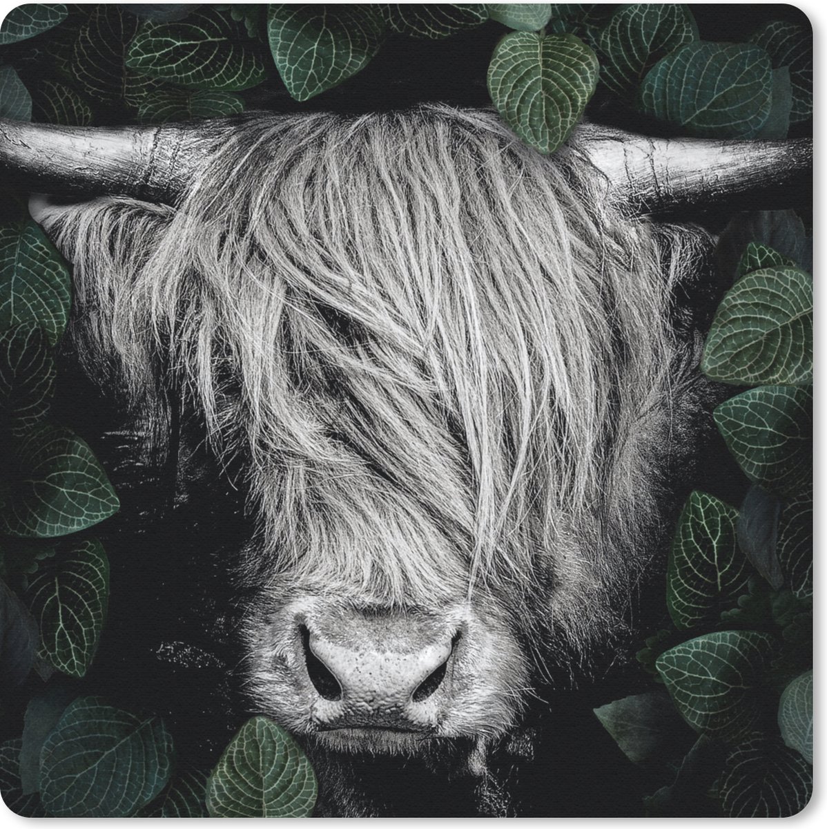 Muismat 30x30 cm - Mousepad Schotse hooglander - Bladeren - Zwart - Wit - Muismatten