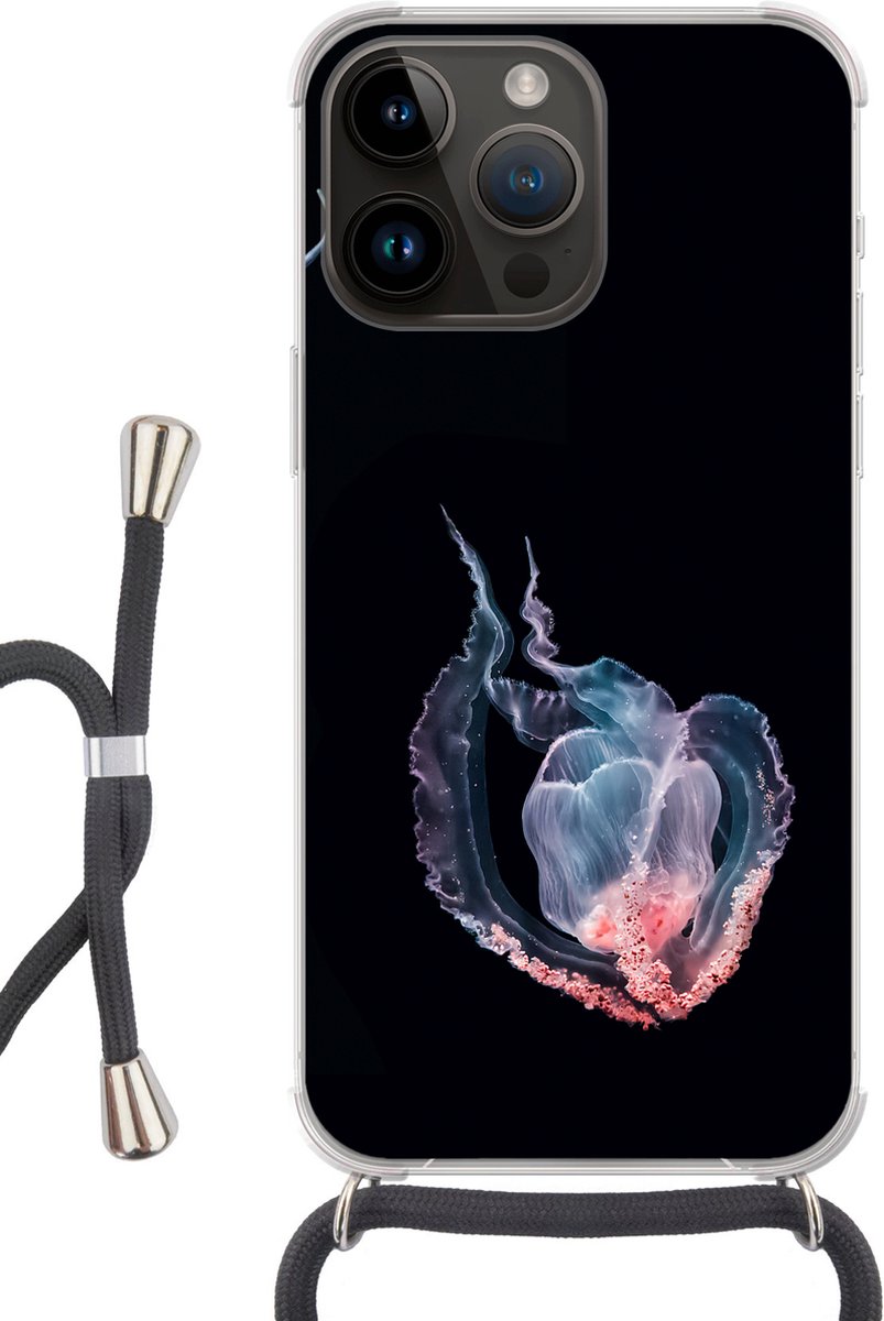 Telefoonhoesje Geschikt voor Apple Iphone 14 Pro - Kwallen - Zeedieren - Zwart - Siliconen - Crossbody - Backcover met Koord - Telefoonhoesje met koord - Hoesje met touw Telefoonhoesje