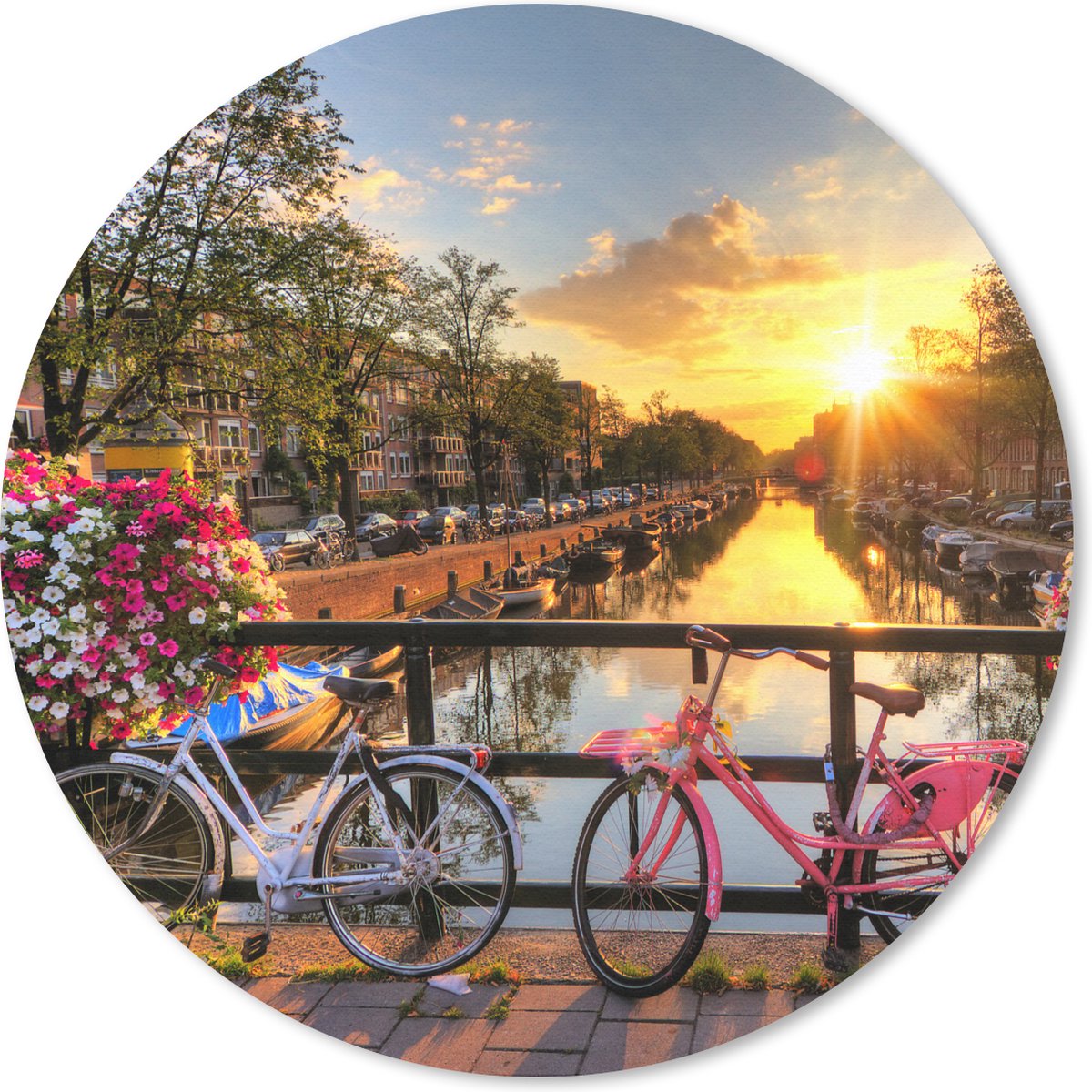 Muismat rond 30x30 cm - Mousepad Amsterdam - Bloemen - Brug - Fiets - Zonsondergang - Ronde muismatten - Schoolspullen middelbare school