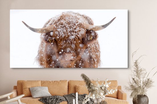 Peinture sur toile Highlander écossais - Cornes - Neige - 160x80 cm - Décoration murale