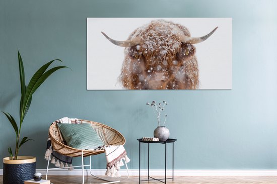 Peinture sur toile Highlander écossais - Cornes - Neige - 160x80 cm - Décoration murale