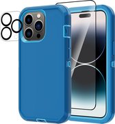 Heavy Duty iPhone 14 Pro case met Screen Protector en Lens Protector - Blauw - Dustproof shockproof telefoonhoes cover bestaande uit 3 lagen inclusief schermbeschermer en lensbeschermer - Geschikt voor Apple iPhone 14 Pro