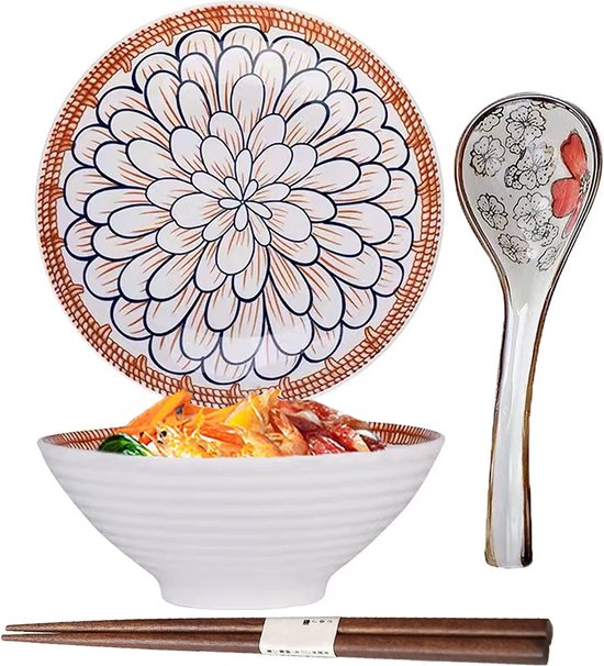Kom Fenêtres en mélamine 4 pièces, vaisselle japonaise, bols à soupe, bol à  nouilles avec Baguettes et cuillère pour salade, grand Kom pour Enfants et