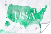 Wanddecoratie - Wereldkaart - Verenigde Staten - Groen - 90x60 cm - Poster