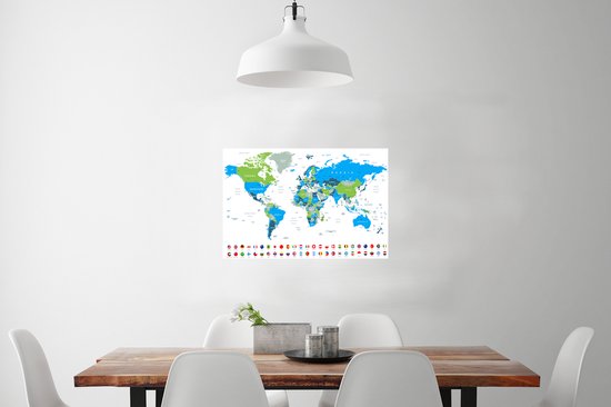 Affiche d'une carte du monde avec des pays en bleu et vert, avec une rangée de drapeaux en bas.
