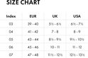Tableau des tailles pour chaussettes avec index, tailles européennes, britanniques et américaines.