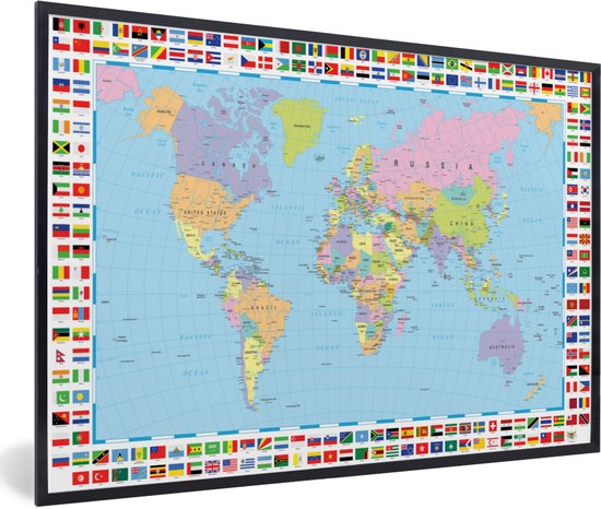 Fotolijst incl. Poster - Wereld - Kaart - Vlag - Kleuren - 30x20 cm - Posterlijst