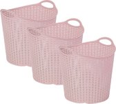 Plasticforte Gevlochten wasmand/opbergmand - 3x - flexibel - roze - 27 liter - rond - kunststof - 40 x 37 cm