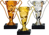Luxe trofee/prijs bekers - set van 3x - brons/goud/zilver - metaal - 17 x 11 cm