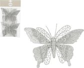 House of Seasons kerstboomversiering vlinders op clip - 2x st - zilver - 16 cm