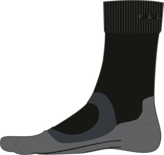 Zwarte FALKE hardloopsok met grijze details en verstevigingen.