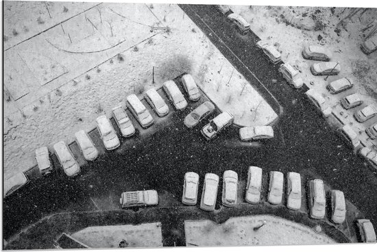 Dibond - Ondergesneeuwde Auto's op Parkeerplaats - 90x60 cm Foto op Aluminium (Met Ophangsysteem)