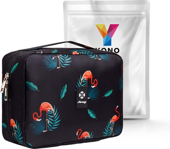 YONO Reis Toilettas Hangend met Haak - Geschikt voor Beauty, Make Up en Toiletartikelen – Travel Organizer – Cosmetica Tas voor Dames en Heren - Flamingo Zwart - YONO
