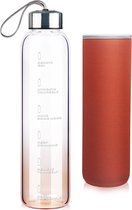 Motiverende drinkfles glas waterfles met neopreen hoes borosilicaatglazen fles 1000 ml / 1 l / 1 liter (kleurverloop oranje)