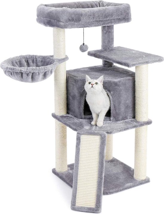 Yaheetech Krabpaal, klimboom, 137 cm hoog, stabiele kattenboom met 3 platforms, 3 krabzuilen, 2 holtes, pluche ballen, kattenmeubels, bruin