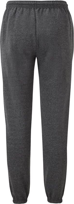 Achterkant van een donkergrijze joggingbroek met elastische tailleband en boorden.