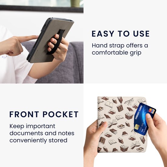 kwmobile flip cover geschikt voor Pocketbook Era / Era Color - Hoes met handgreep en voorvak voor e-reader - Book case in beige / bruin / goud - Boeken design van Merkloos — afbeelding 3