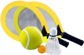 TENNIS RACKETSET WITH PU BALL, TENNIS BALL, SHUTTLECOCK AND 2 SOFTRACKETS IN CARRYING BAG - RED (NET)