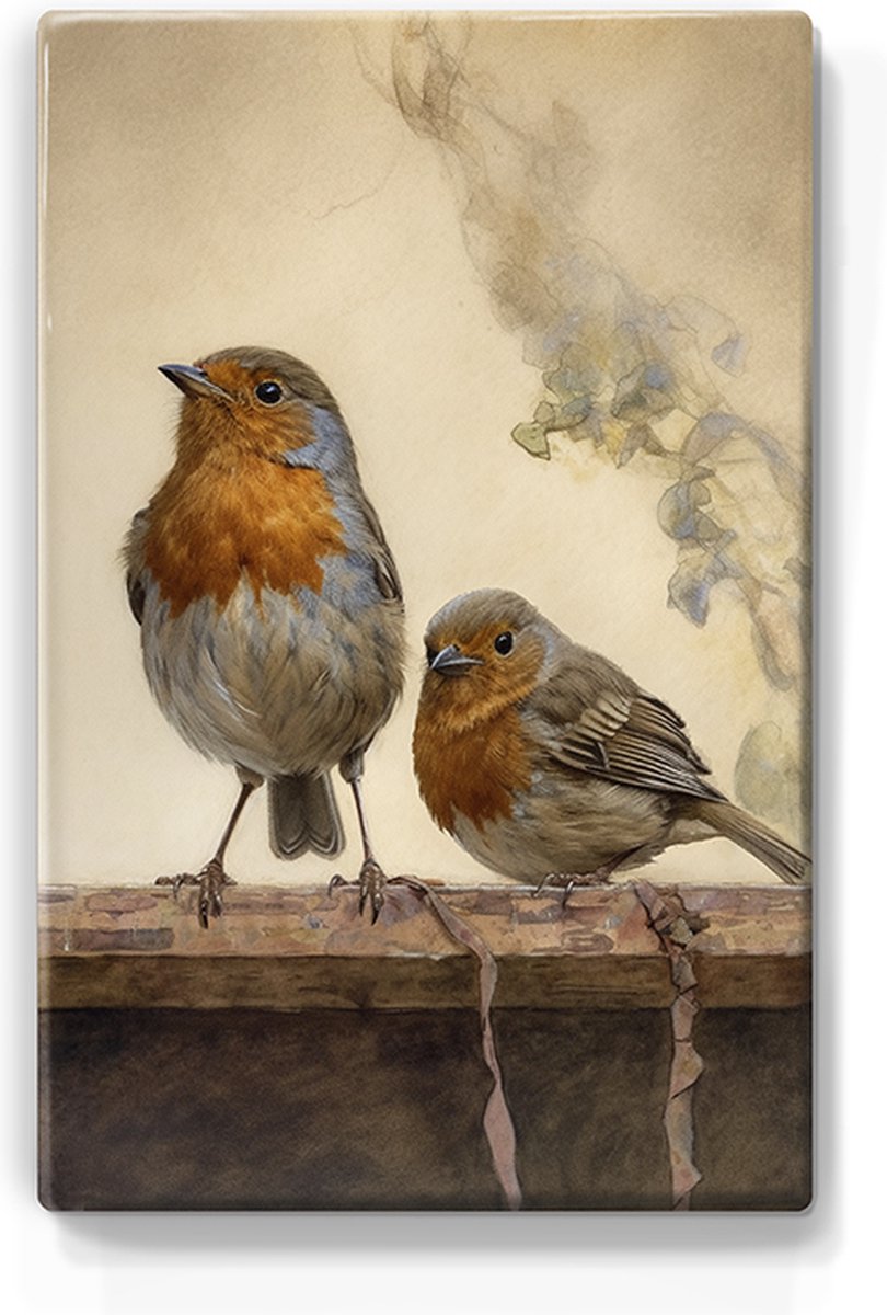 Twee roodborstjes - Handgelakt - 19,5 x 30 cm - Niet van echt te onderscheiden schilderijtje op hout - Mooier dan een print op canvas - Laqueprint.