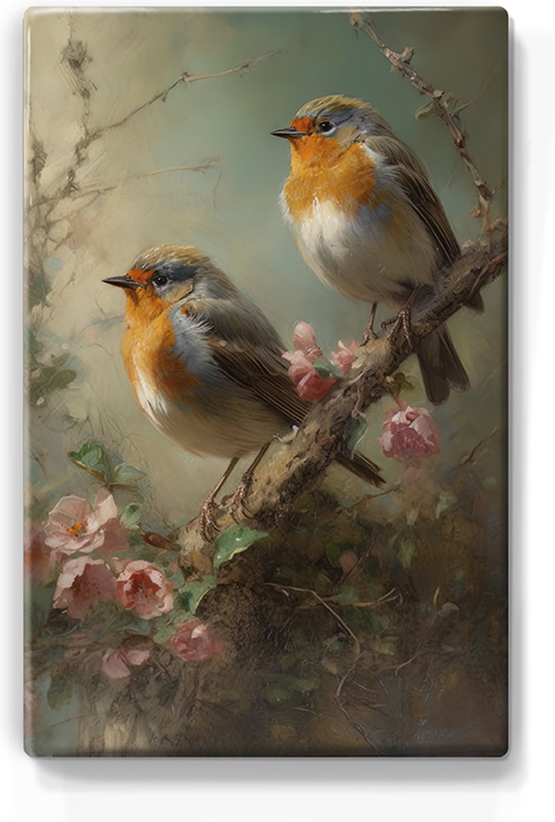Twee Roodborstjes op roze rozentak - Handgelakt - 19,5 x 30 cm - Niet van echt te onderscheiden schilderijtje op hout - Mooier dan een print op canvas - Laqueprint.