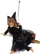 Halloween horror decoratie heksen pop op bezem - 30 cm - zwart - Versiering/feestartikelen