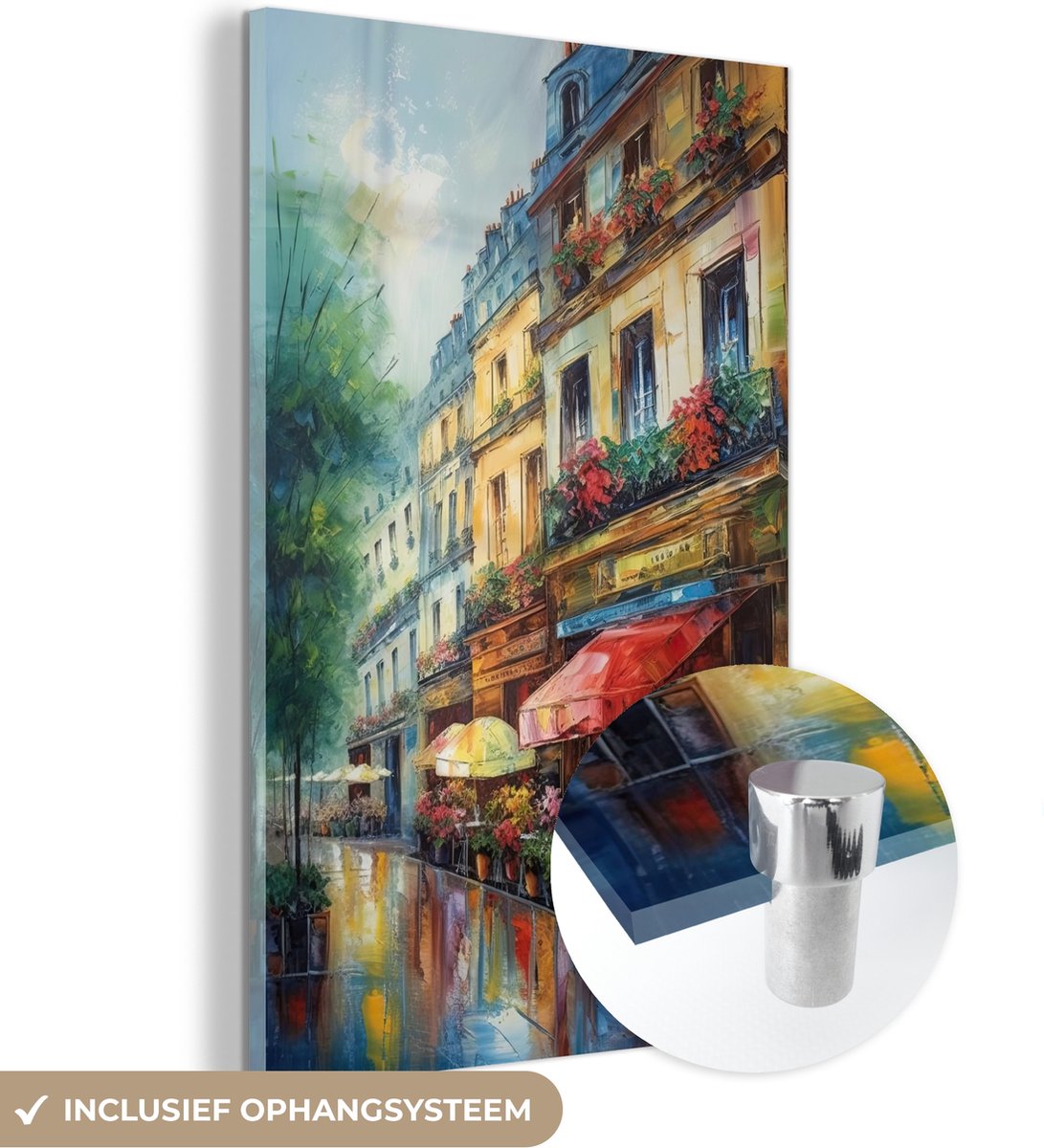 MuchoWow® Glasschilderij 100x150 cm - Schilderij acrylglas - Straat - Olieverf - Kleurrijk - Stad - Foto op glas - Muurdecoratie woonkamer - Wanddecoratie slaapkamer - Schilderijen
