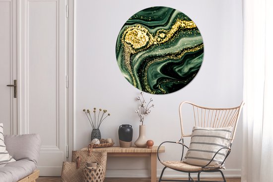 WallCircle - Stickers muraux - Cercle de papier peint - Marbre - Or - Glitter - Vert - Aspect marbre - Luxe - 140x140 cm - Cercle mural - Autocollant - Autocollant de papier peint rond