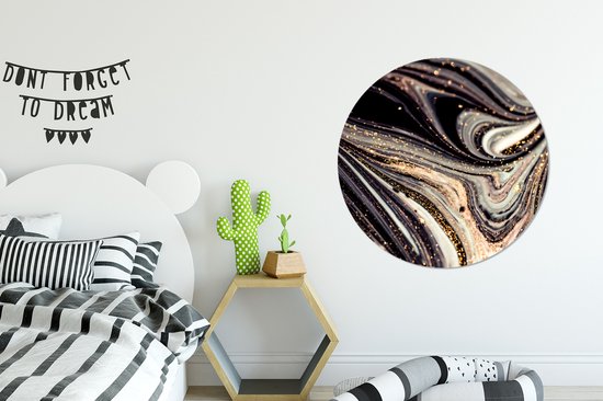 WallCircle - Stickers muraux - Cercle de papier peint - Aspect marbre - Zwart - Or - Wit - Glitter - Marbre - 100x100 cm - Cercle mural - Autocollant - Papier peint autocollant rond XXL