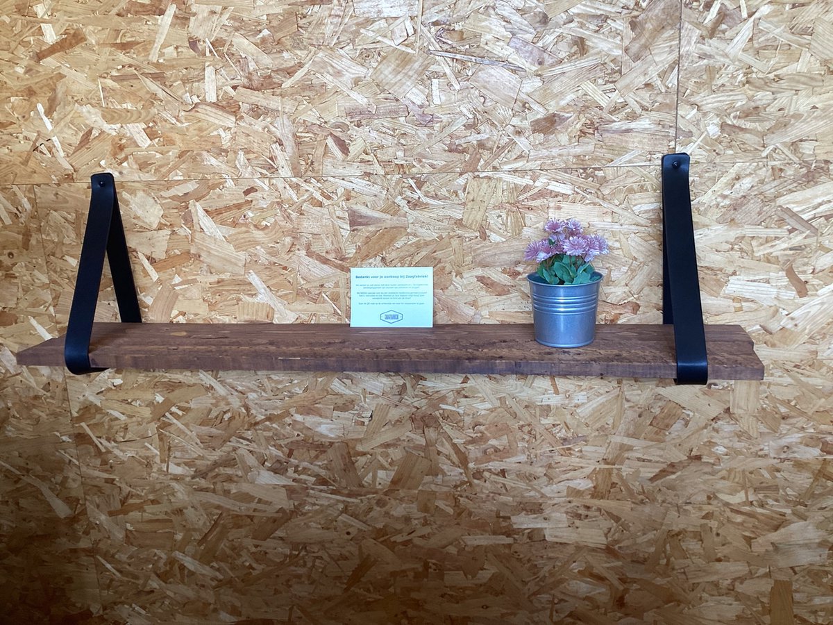 Houten vuren wandplank bruin- keukenplank- boekenplank - inclusief twee zwarte vegan plankdragers- 118 x 19,5 x2 cm