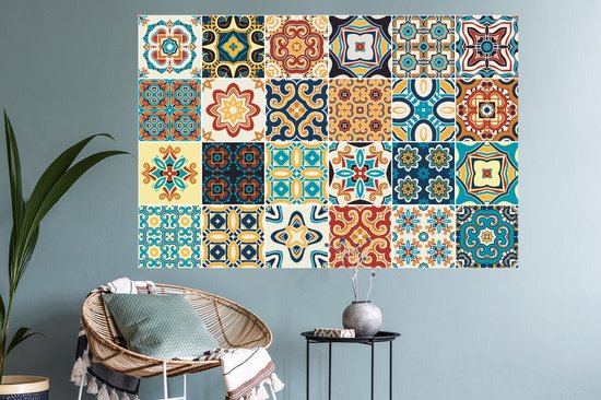 Stickers muraux - Sticker Foil - Fleurs - Vintage - Motif - Blauw - Oranje - 120x80 cm - Film Adhésif - Stickers muraux Muraux Chambre Enfant - Papier Peint Auto Adhésif