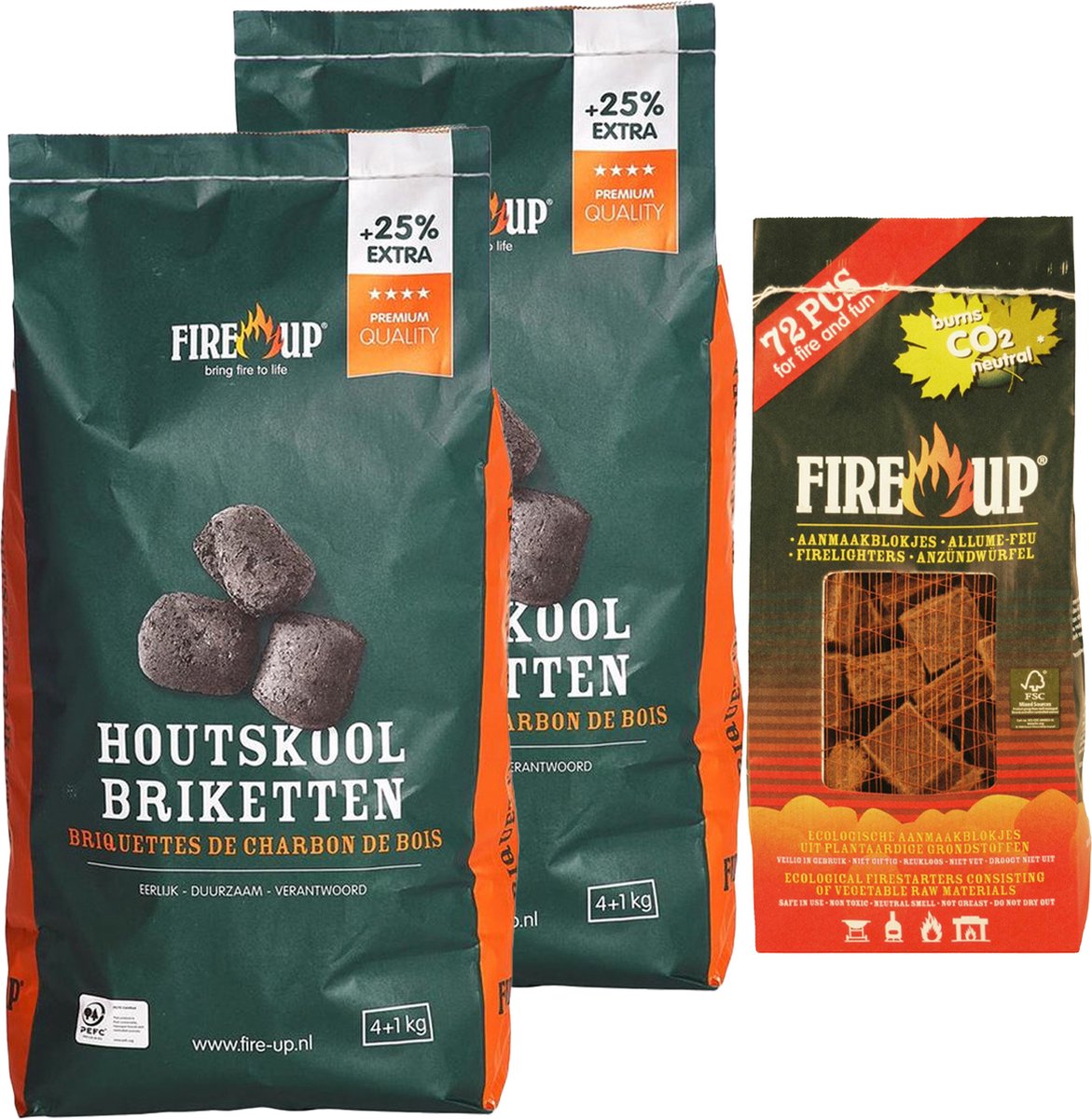 BBQ starterspakket - houtskool briketten 10 kilo - barbecue aanmaakblokjes 72x