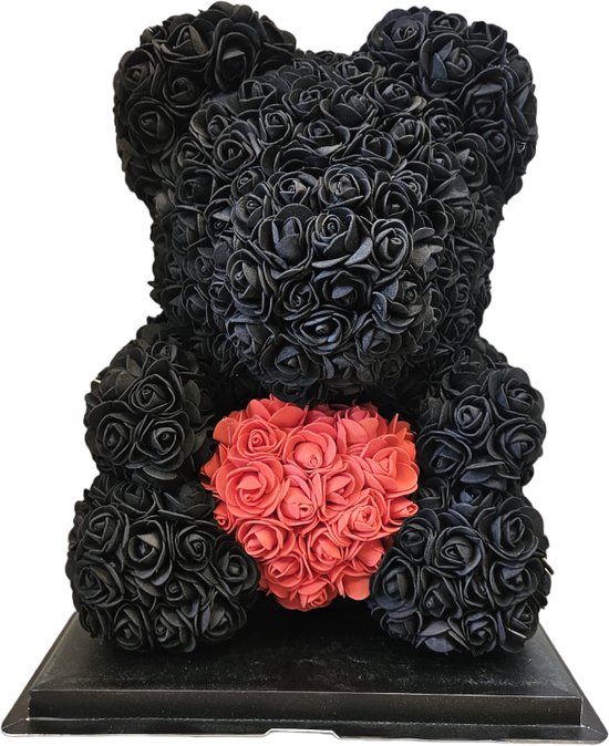 GreatGift® - Zwarte rozen beer met rood hart 40 cm + 75 rozenblaadjes - in Luxe verpakking -Rose Bear - Teddy Beer - rood zwart - Romantisch Cadeau - Valentijn - Cadeau voor haar