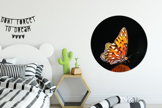 WallCircle - Muurstickers - Behangcirkel - Vlinder - Bloemen - Insect - Portret - Zwart - Oranje - 100x100 cm - Muurcirkel - Zelfklevend - Ronde Behangsticker XXL
