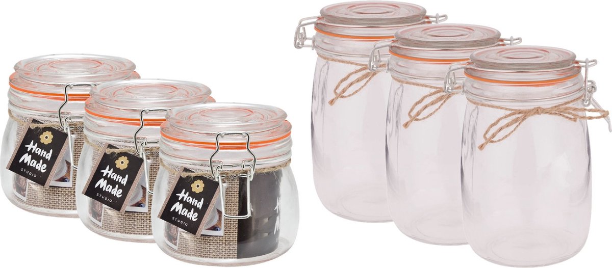 Weckpotten/inmaakpotten - set 6x - 500/1000 ml - glas - met beugelsluiting - 2 formaten