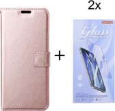 Bookcase Rosé Goud Geschikt voor Samsung Galaxy A14 (4G & 5G) - Portemonnee hoesje met 2 stuk Glas Screen protector - ZT Accessoires