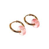 Boucles d'oreilles ∅16mm avec Quartz Rose - Acier Plaqué Or - Boucles d'oreilles Femme avec Pendentifs Donut