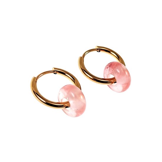 Boucles d'oreilles ∅16mm avec Quartz Rose - Acier Plaqué Or - Boucles d'oreilles Femme avec Pendentifs Donut