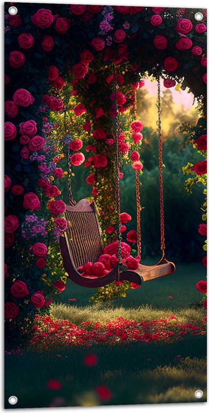 Tuinposter – Romantische Schommel aan Roze Bloemenboog - 50x100 cm Foto op Tuinposter (wanddecoratie voor buiten en binnen)