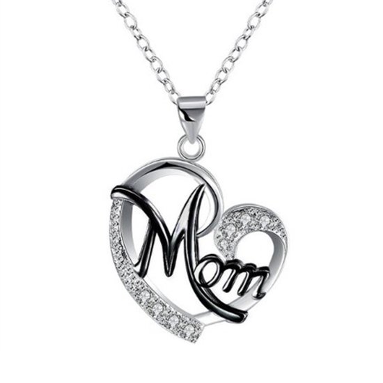 Fako Bijoux® - Ketting Mom Hart - Mama Ketting - Hartje - Cadeautje Moeder - 45cm - Zilver/Zwart