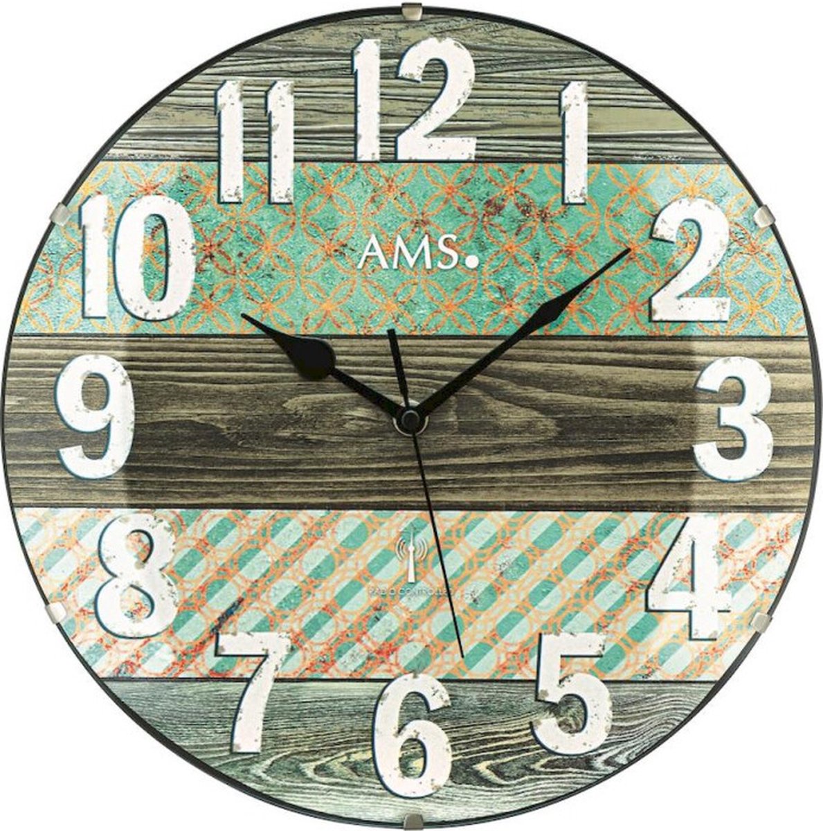 AMS F5556 - Wandklok - Analoog - Radiogestuurde tijdsaanduiding - Mineraal glas - Groen - Wit - Zwart - Bruin groen, wit, zwart, bruin