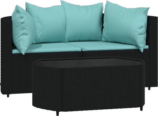 vidaXL - 3-delige - Loungeset - met - kussens - poly - rattan - zwart