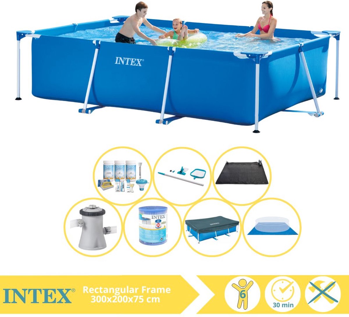 Intex Rectangular Frame Zwembad – Opzetzwembad – 300x200x75 cm – Inclusief Afdekzeil, Onderhoudspakket, Zwembadpomp, Filter, Grondzeil, Onderhoudsset en Solar Mat