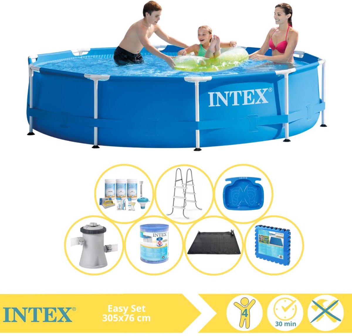 Intex Rond Frame Zwembad – 305 x 76 cm – Blauw – Inclusief Onderhoudspakket – Zwembadfilterpomp – Filter – Solar Mat – Ladder – Voetenbad – Vloertegels – 8-delig