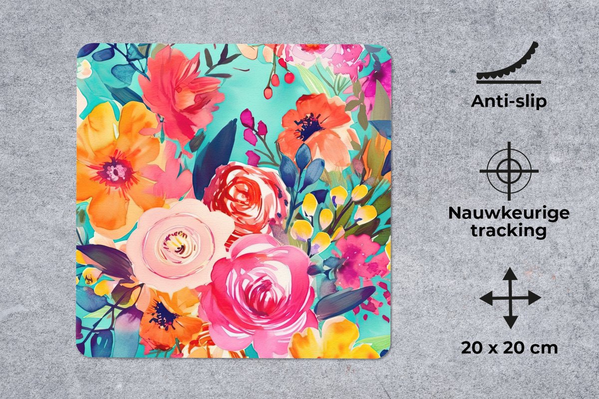 Muismat 20x20 cm - Mousepad Bloemen - Olieverf - Kleurrijk - Natuur - Muismatten