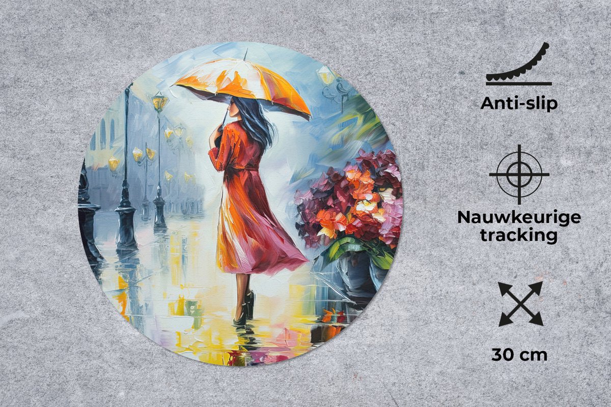 Muismat rond 30x30 cm - Mousepad Olieverf - Paraplu - Vrouw - Straat - Kunst - Ronde muismatten
