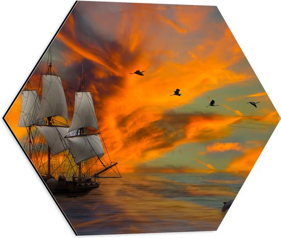 Dibond Hexagon - Schilderij van Vogels boven Zeilschip met Dolfijnen en Kleurrijke Lucht - 50x43.5 cm Foto op Hexagon (Met Ophangsysteem)