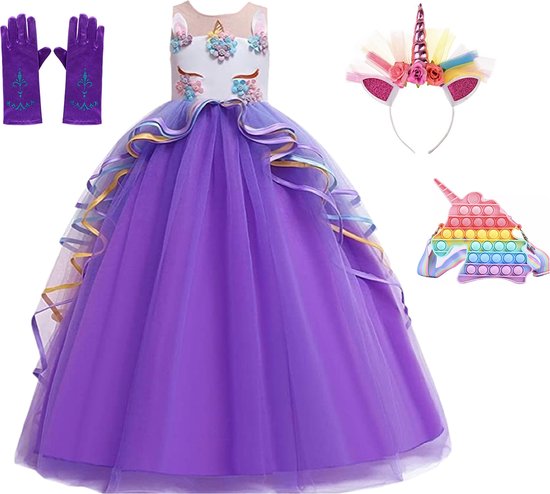 The Better Merk - Fidget Toys - speelgoed Unicorn - Robe Unicorn - Robe princesse fille - taille 134/140 - Sac Pop it Unicorn - cadeau fille - vêtements d'habillage - robe