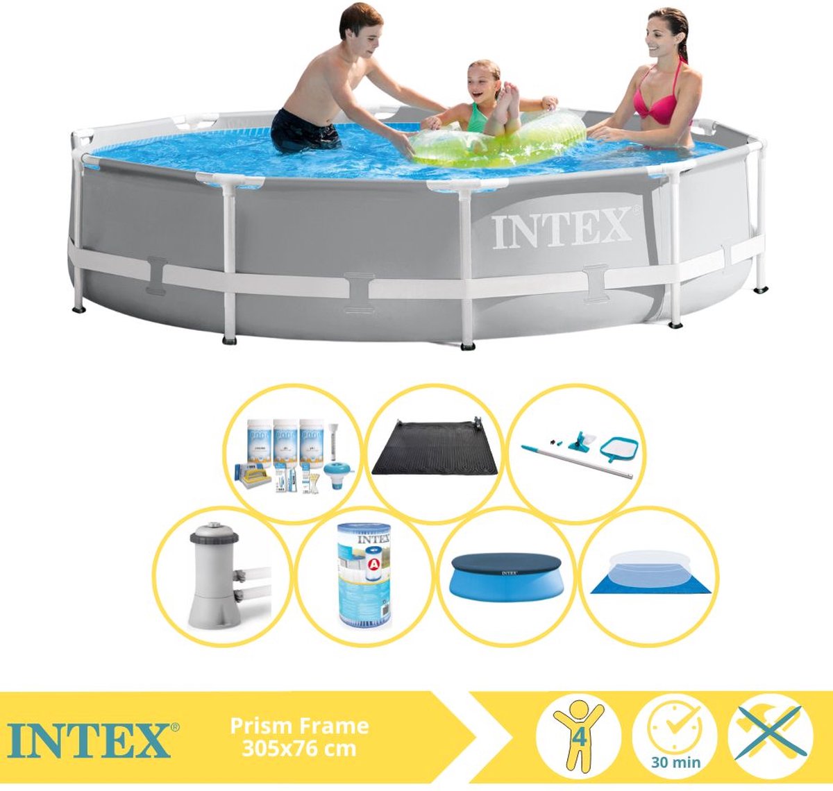 Intex Rond Prism Frame Zwembad - 366 x 76 cm - Grijs - Inclusief Pomp - Afdekzeil - Onderhoudspakket - Filter - Grondzeil - Schoonmaakset - Solar Mat - 8-delig